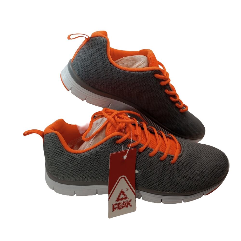 Peak Sports Men's Running Shoes Mesh Breathable Casual Gray Orange Size 10